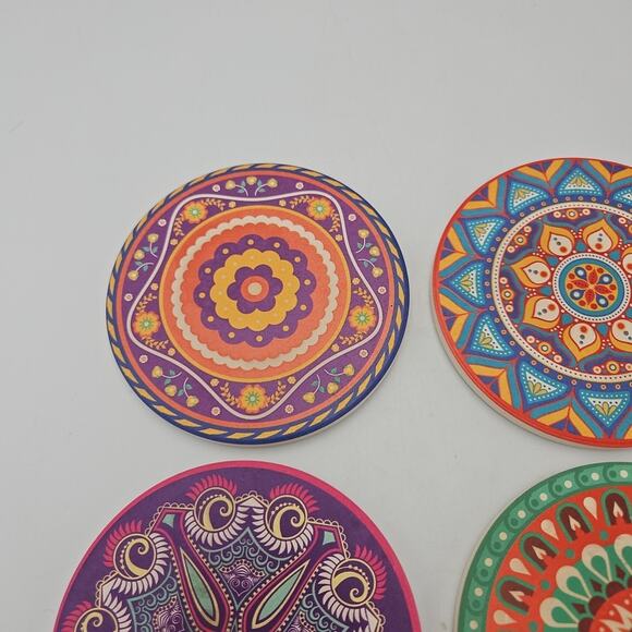 Stone Coaster Set w Cork Ceramic For Drink Table Decor Bar Beautiful Colorful - Picture 5 of 7